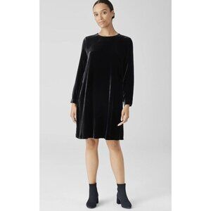 New Eileen Fisher Velvet Crew Neck Knee Length Holiday Dress Black Sz XS